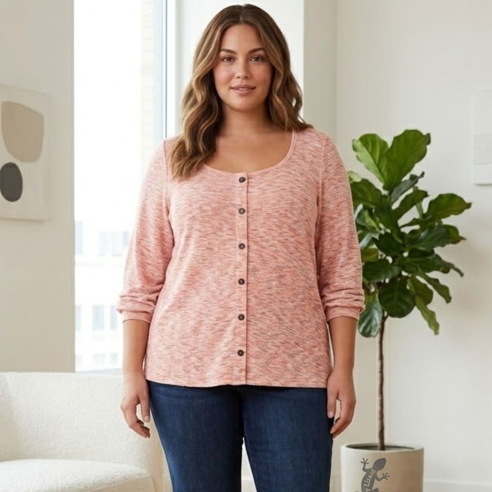 Lane Bryant Top Womens 18/20 Peach Space Dye Button Front Scoop Neck Knit Soft
